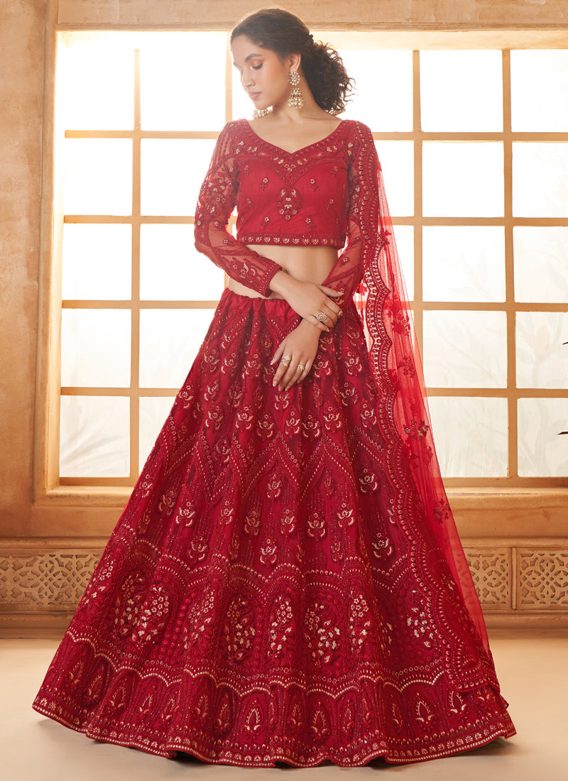 Vegaa Fashion Red Net Thread Work Wedding Lehenga - Distacart