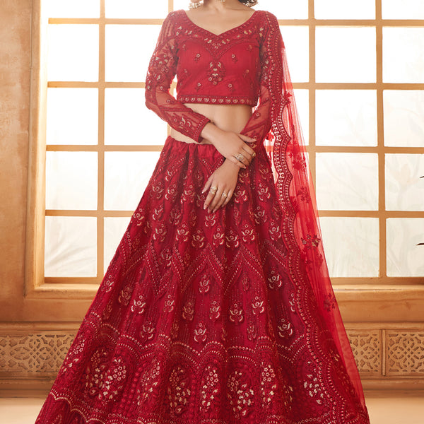 Vegaa Fashion Red Net Thread Work Wedding Lehenga - Distacart
