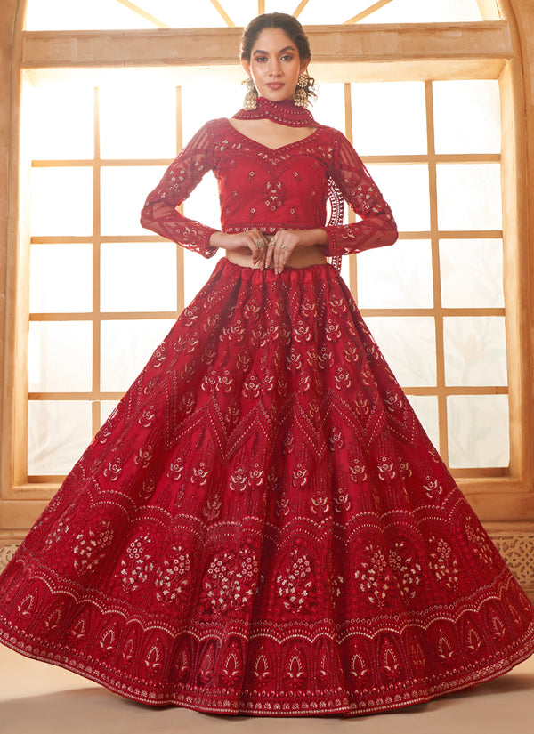 Vegaa Fashion Red Net Thread Work Wedding Lehenga