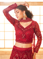 Thumbnail for Vegaa Fashion Red Net Thread Work Wedding Lehenga