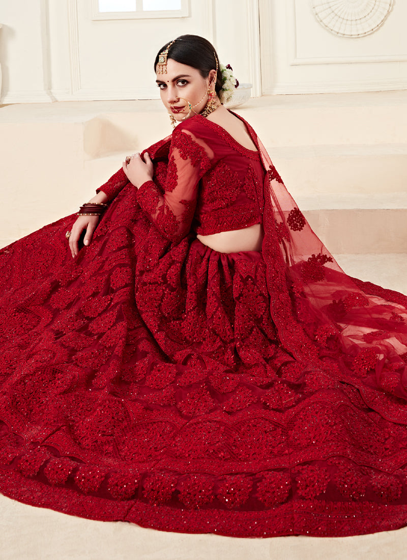 Vegaa Fashion Red Net Embroidered Stonework Wedding Lehenga - Distacart