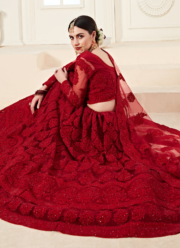 Vegaa Fashion Red Net Embroidered Stonework Wedding Lehenga