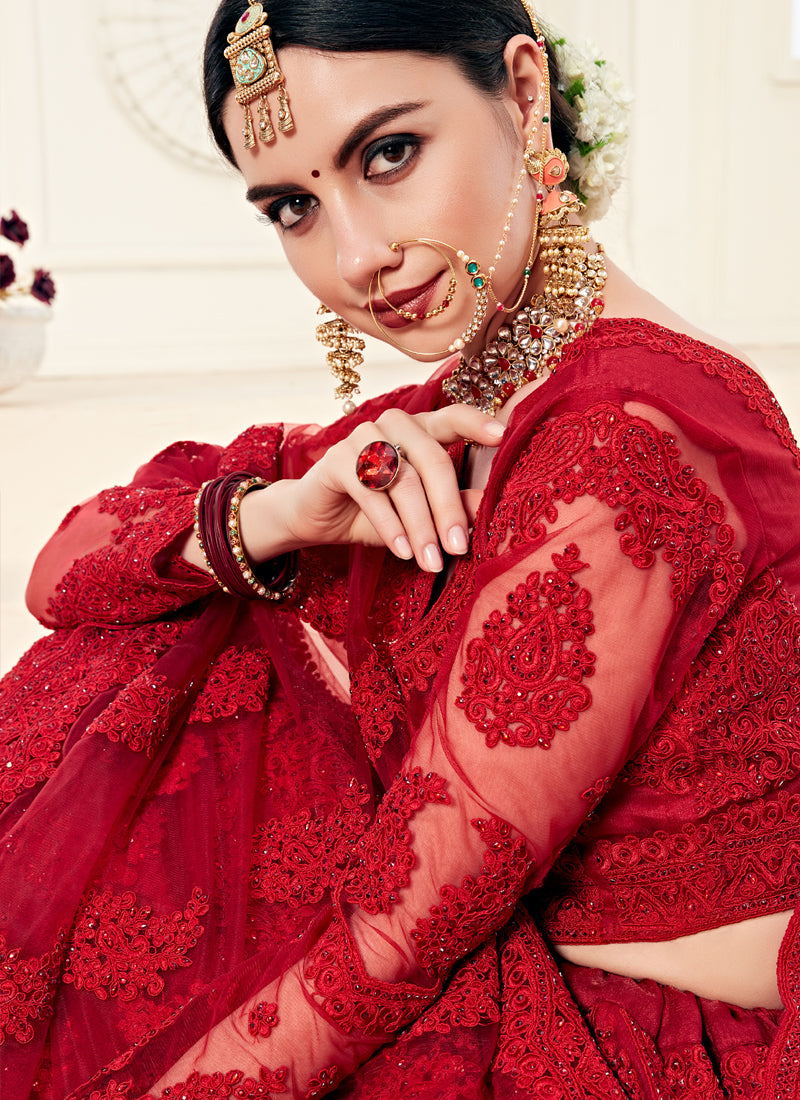 Vegaa Fashion Red Net Embroidered Stonework Wedding Lehenga