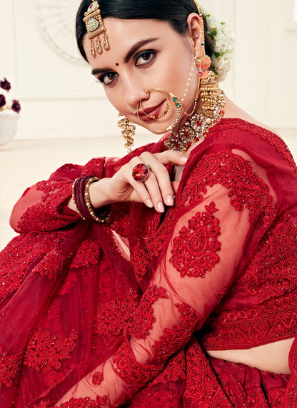 Vegaa Fashion Red Net Embroidered Stonework Wedding Lehenga - Distacart