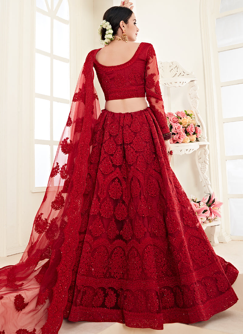 Vegaa Fashion Red Net Embroidered Stonework Wedding Lehenga
