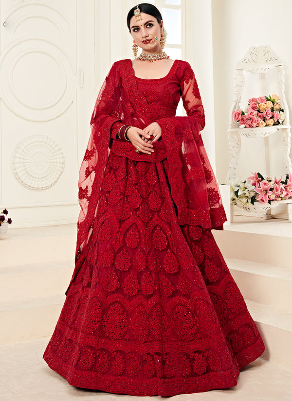 Vegaa Fashion Red Net Embroidered Stonework Wedding Lehenga