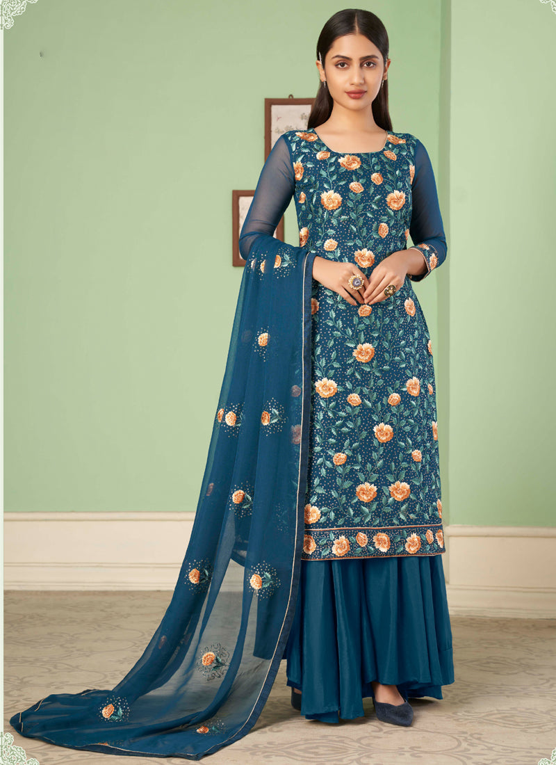 Vegaa Fashion Aqua Blue Georgette Embroidery Designer Sharara Suit - Distacart