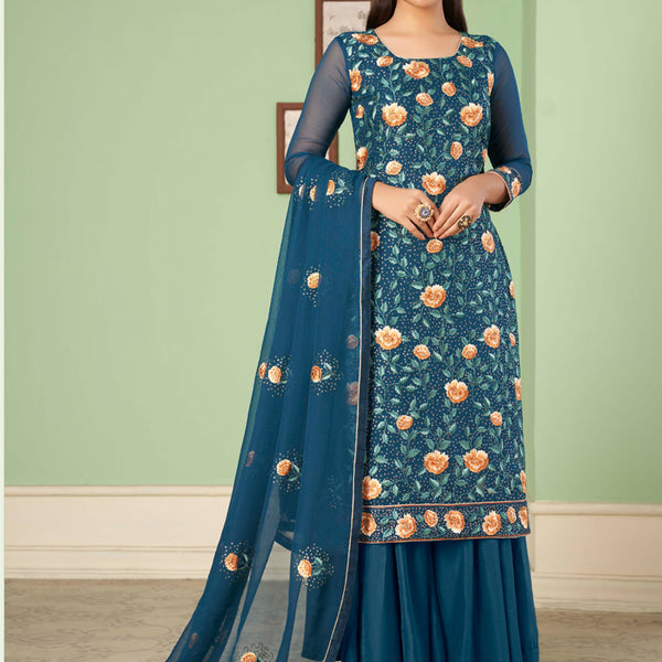 Vegaa Fashion Aqua Blue Georgette Embroidery Designer Sharara Suit - Distacart