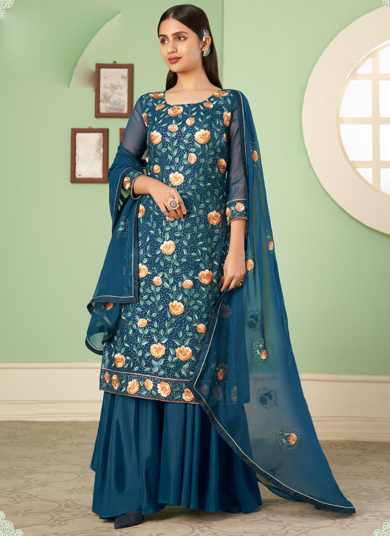 Vegaa Fashion Aqua Blue Georgette Embroidery Designer Sharara Suit - Distacart