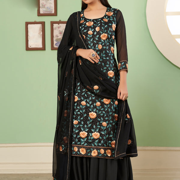 Vegaa Fashion Black Georgette Embroidery Designer Sharara Suit - Distacart