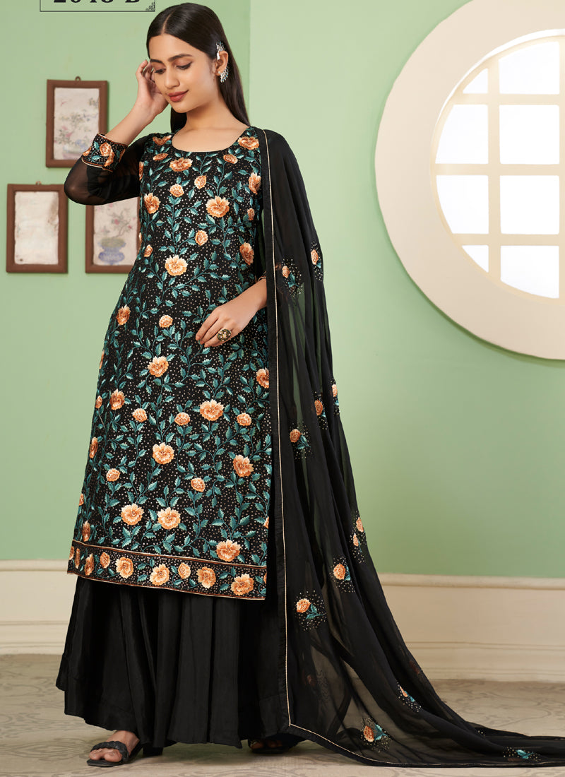 Vegaa Fashion Black Georgette Embroidery Designer Sharara Suit - Distacart
