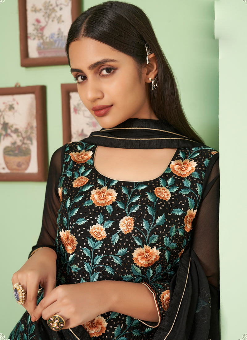 Vegaa Fashion Black Georgette Embroidery Designer Sharara Suit
