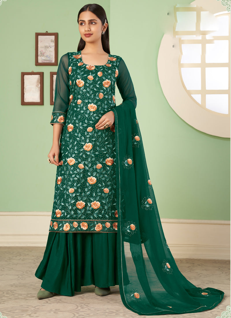 Vegaa Fashion Green Georgette Embroidery Designer Sharara Suit - Distacart