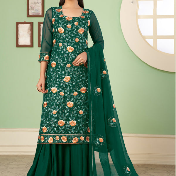 Vegaa Fashion Green Georgette Embroidery Designer Sharara Suit - Distacart