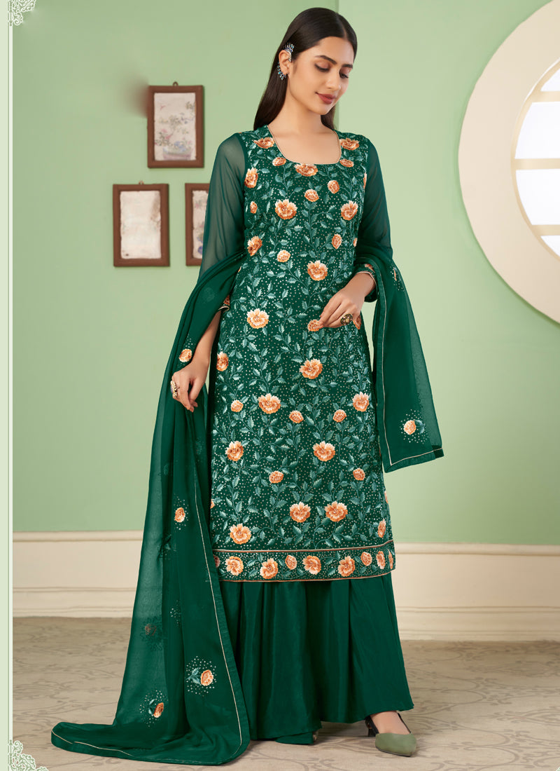 Vegaa Fashion Green Georgette Embroidery Designer Sharara Suit - Distacart