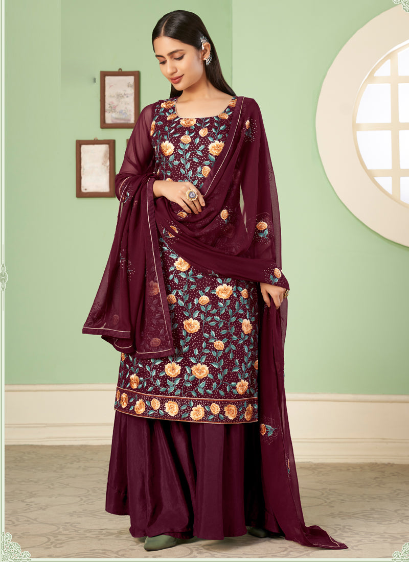 Vegaa Fashion Maroon Georgette Embroidery Designer Sharara Suit - Distacart