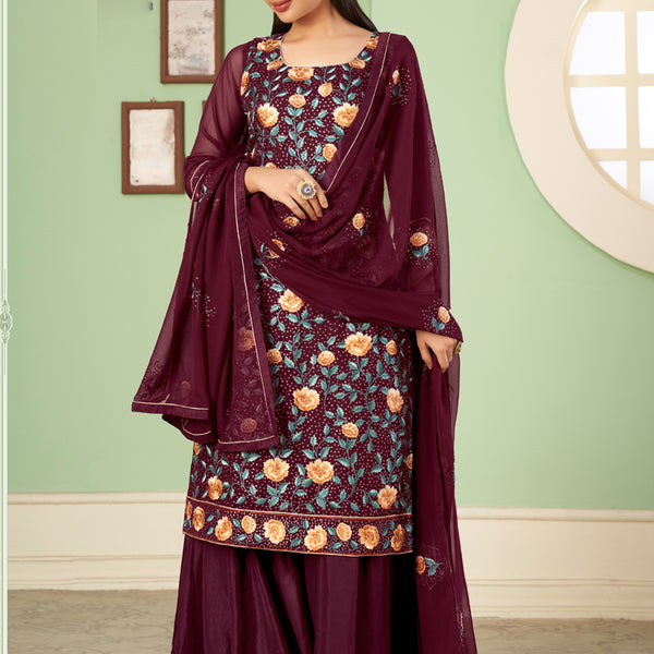 Vegaa Fashion Maroon Georgette Embroidery Designer Sharara Suit - Distacart