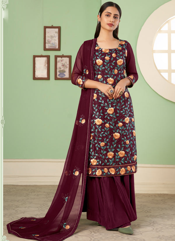 Vegaa Fashion Maroon Georgette Embroidery Designer Sharara Suit