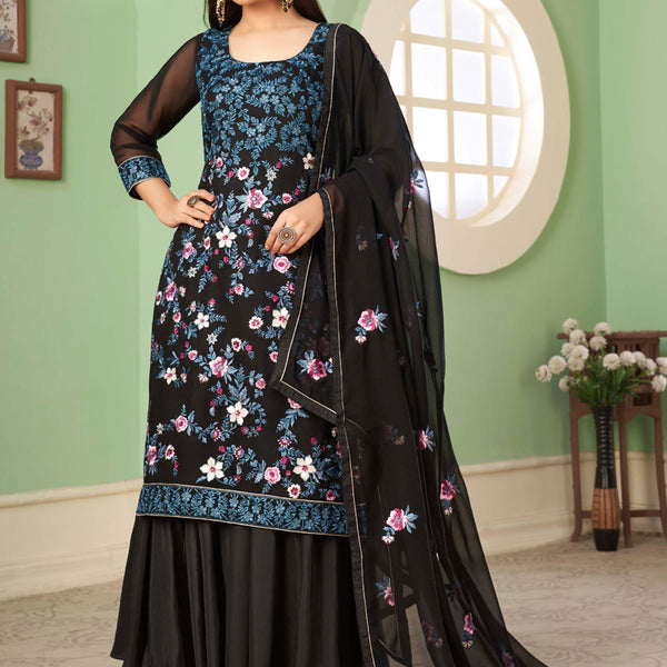 Vegaa Fashion Black Georgette Embroidery Designer Sharara Suit - Distacart