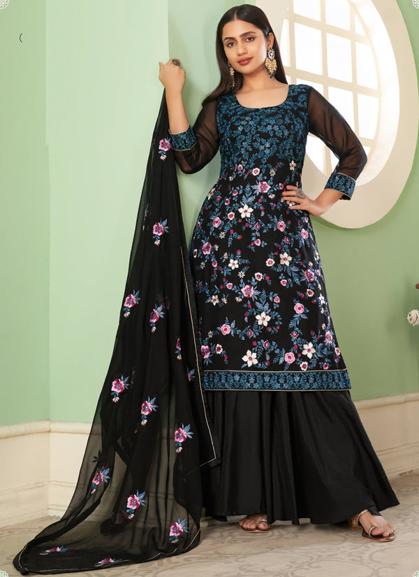 Vegaa Fashion Black Georgette Embroidery Designer Sharara Suit