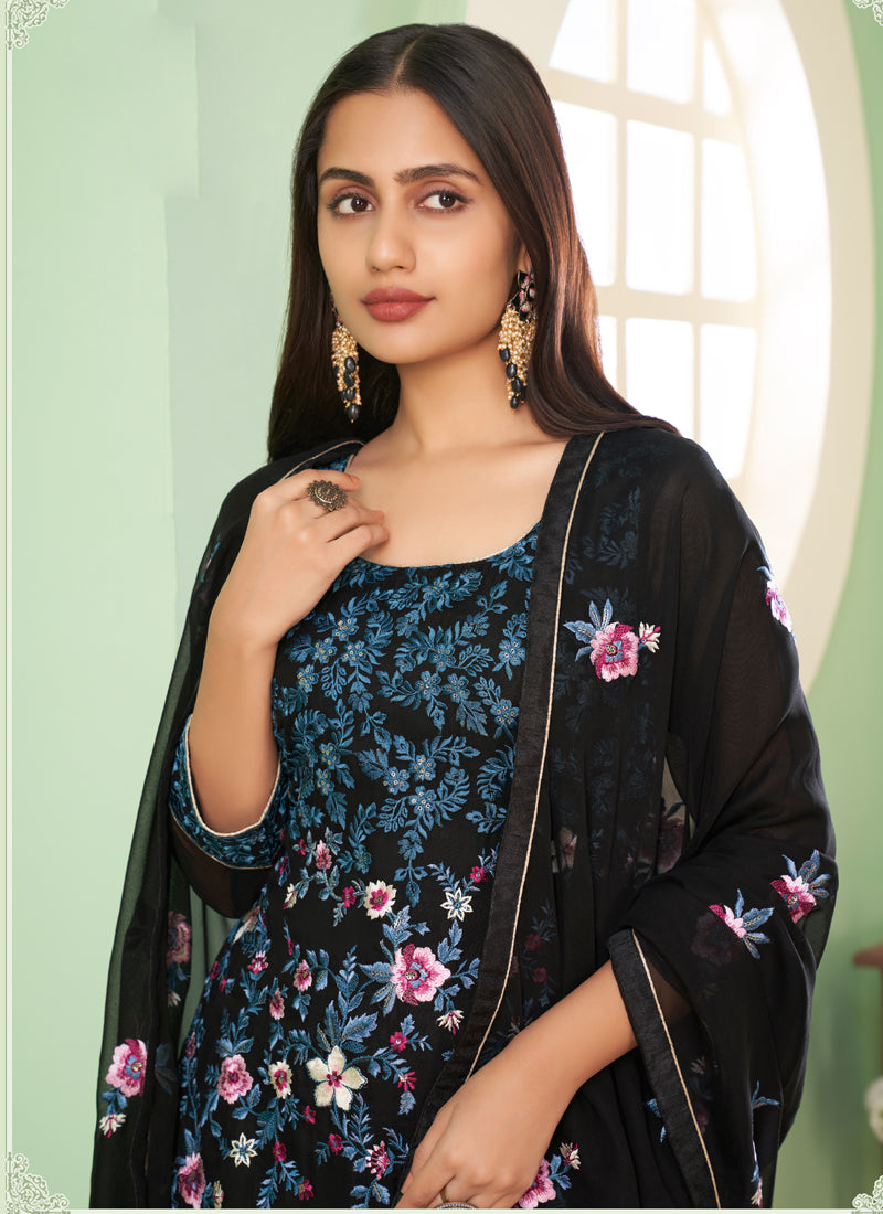 Vegaa Fashion Black Georgette Embroidery Designer Sharara Suit