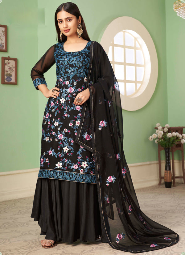 Vegaa Fashion Black Georgette Embroidery Designer Sharara Suit