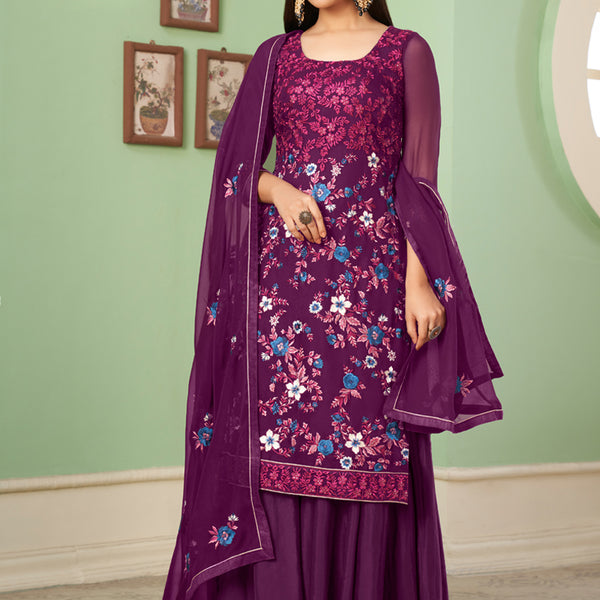 Vegaa Fashion Violet Georgette Embroidery Designer Sharara Suit - Distacart