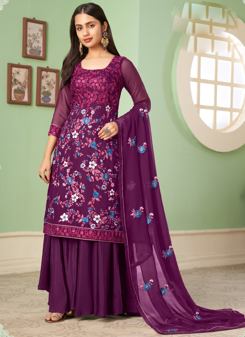 Vegaa Fashion Violet Georgette Embroidery Designer Sharara Suit - Distacart