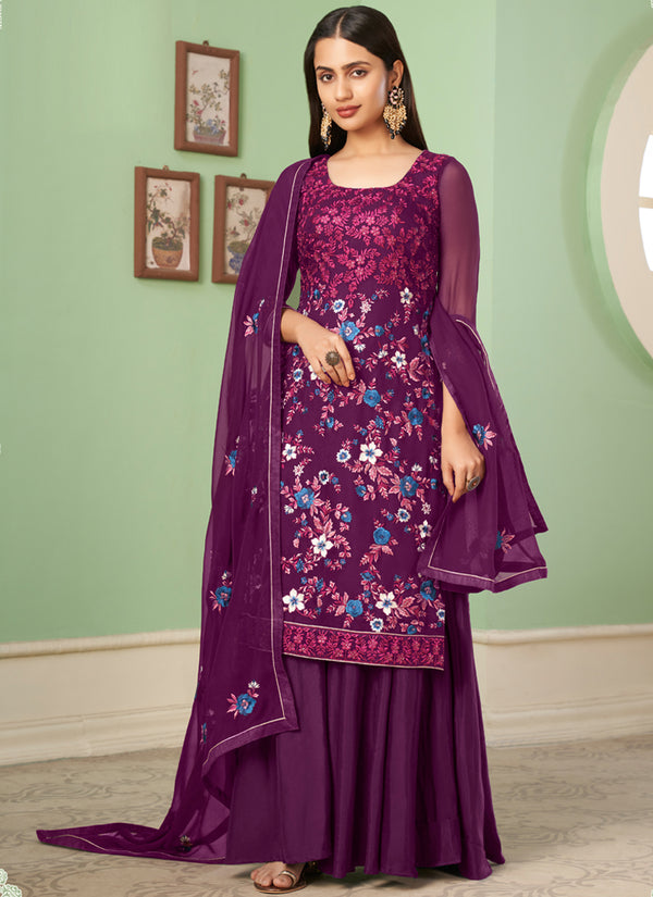 Vegaa Fashion Violet Georgette Embroidery Designer Sharara Suit