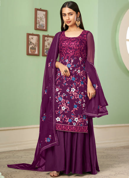 Vegaa Fashion Violet Georgette Embroidery Designer Sharara Suit