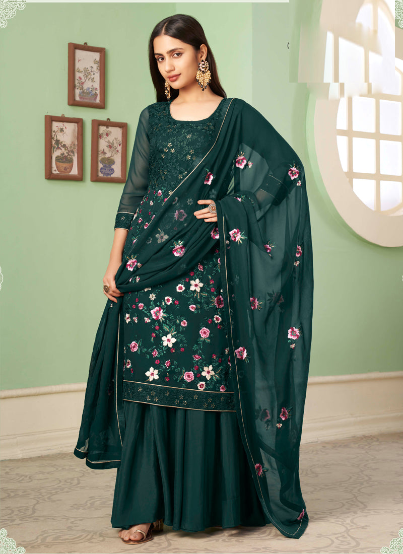 Vegaa Fashion Dark Green Georgette Embroidery Designer Sharara Suit - Distacart