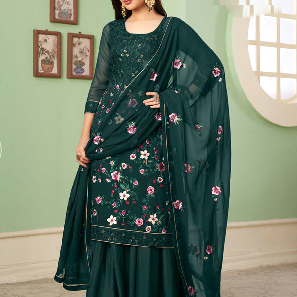 Vegaa Fashion Dark Green Georgette Embroidery Designer Sharara Suit - Distacart