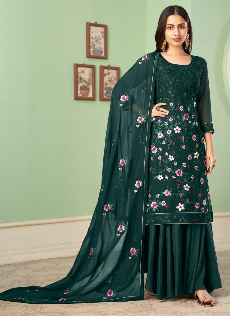 Vegaa Fashion Dark Green Georgette Embroidery Designer Sharara Suit - Distacart