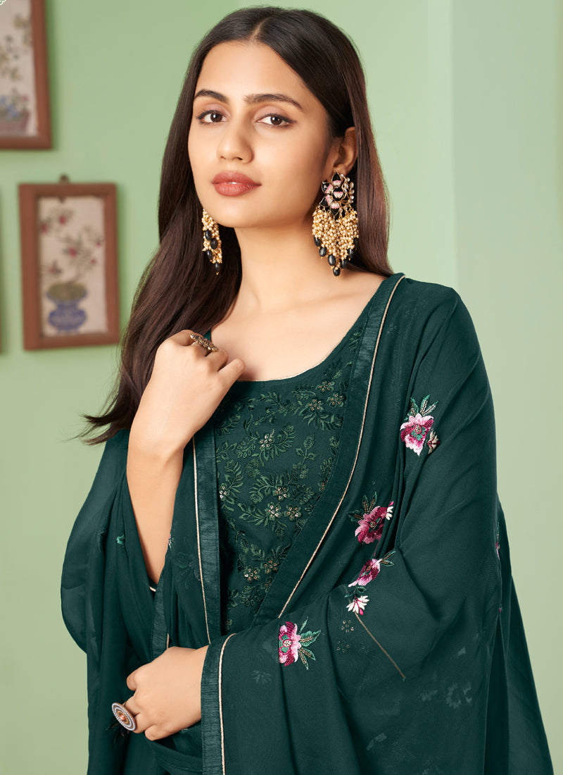 Vegaa Fashion Dark Green Georgette Embroidery Designer Sharara Suit