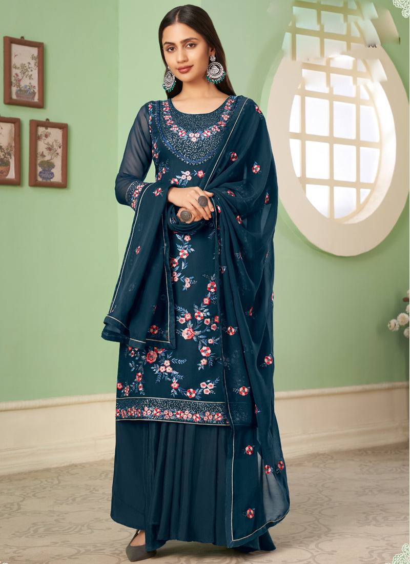 Vegaa Fashion Blue Georgette Embroidery Designer Sharara Suit - Distacart