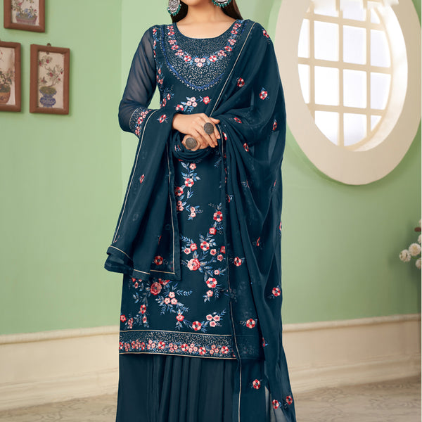 Vegaa Fashion Blue Georgette Embroidery Designer Sharara Suit - Distacart