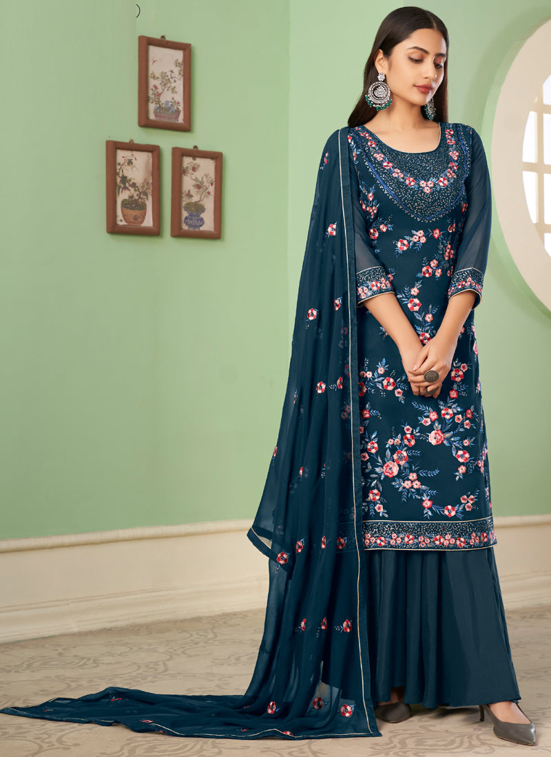 Vegaa Fashion Blue Georgette Embroidery Designer Sharara Suit - Distacart