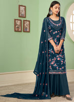 Thumbnail for Vegaa Fashion Blue Georgette Embroidery Designer Sharara Suit