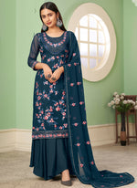 Thumbnail for Vegaa Fashion Blue Georgette Embroidery Designer Sharara Suit