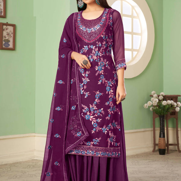 Vegaa Fashion Violet Georgette Embroidery Designer Sharara Suit - Distacart