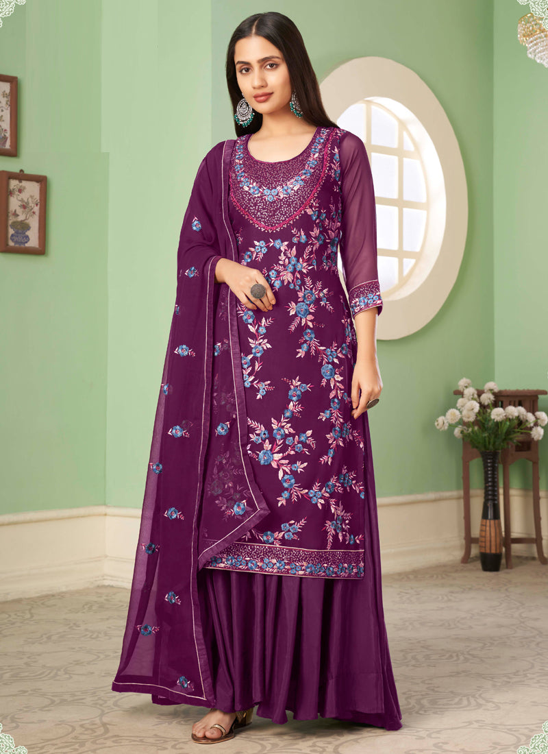Vegaa Fashion Violet Georgette Embroidery Designer Sharara Suit - Distacart