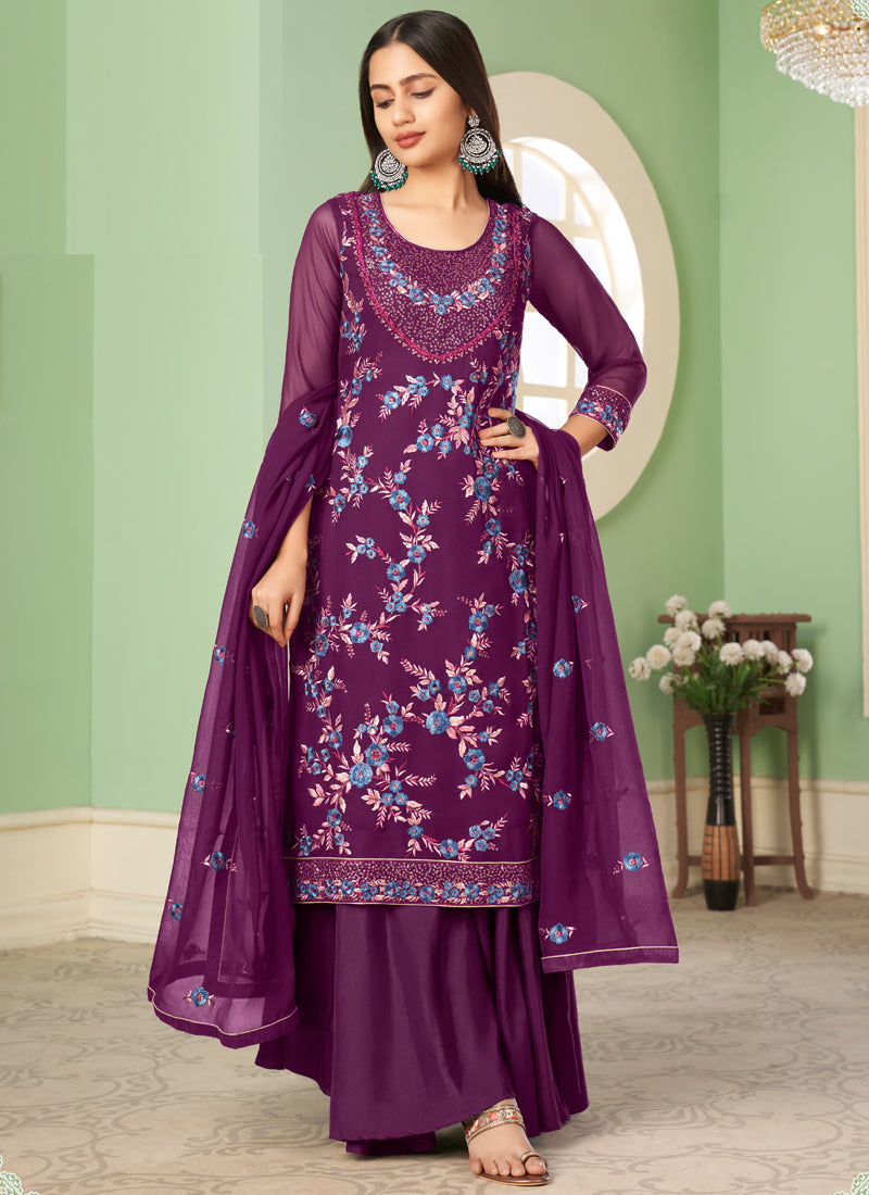 Vegaa Fashion Violet Georgette Embroidery Designer Sharara Suit - Distacart