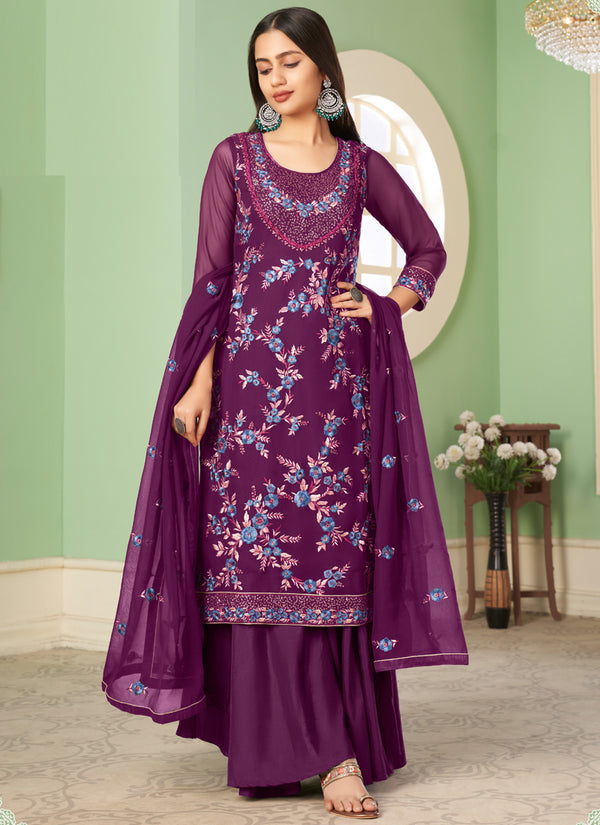 Vegaa Fashion Violet Georgette Embroidery Designer Sharara Suit