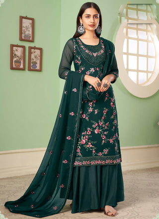 Vegaa Fashion Dark Green Georgette Embroidery Designer Sharara Suit