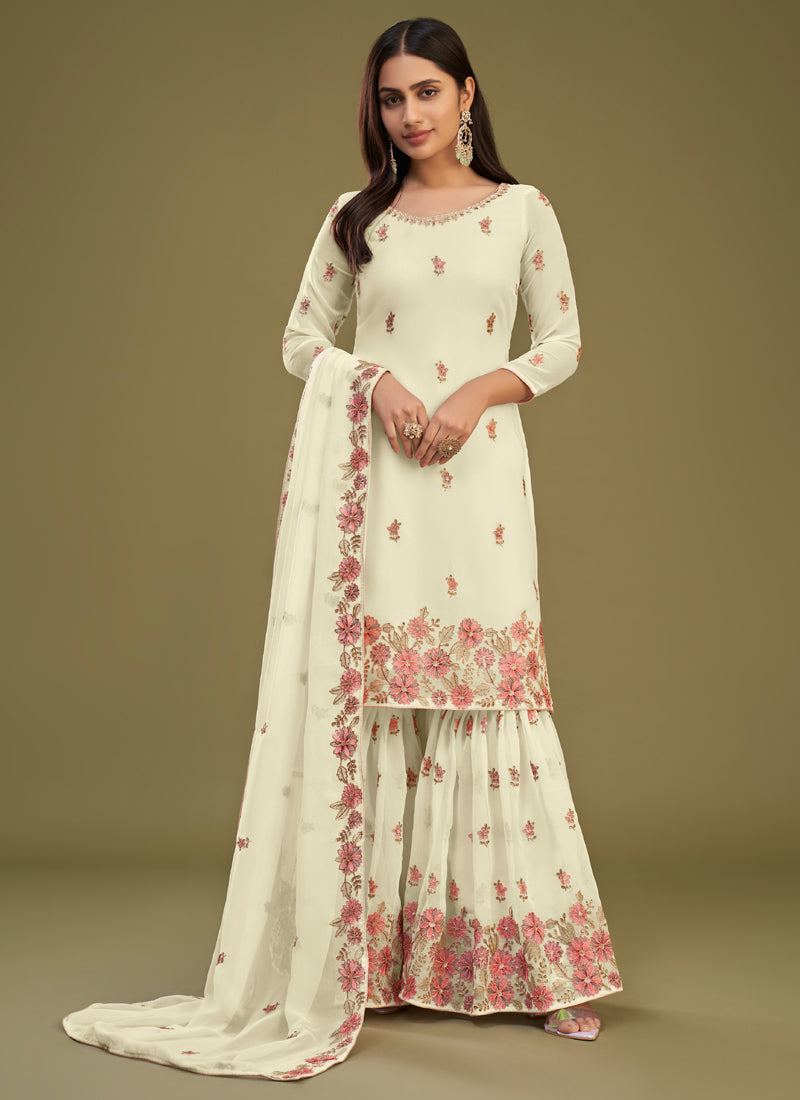 Vegaa Fashion Lemon Yellow Georgette Embroidery Designer Sharara Suit - Distacart