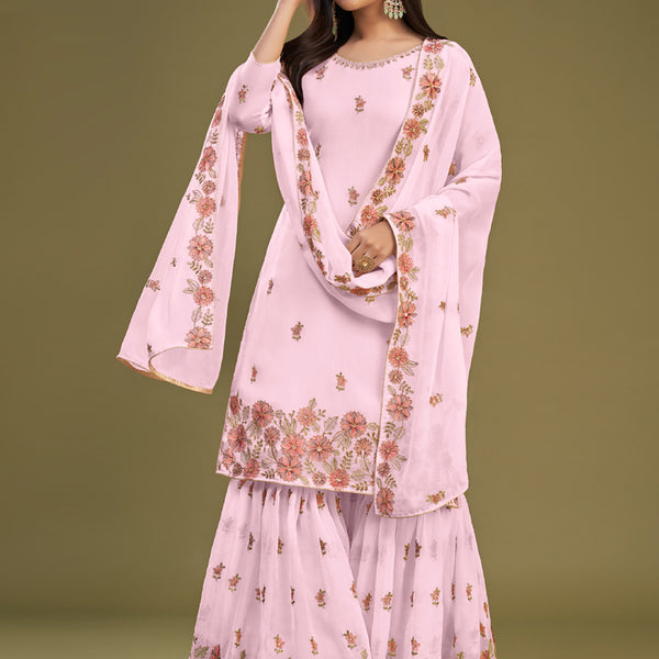 Vegaa Fashion Pink Georgette Embroidery Designer Sharara Suit - Distacart