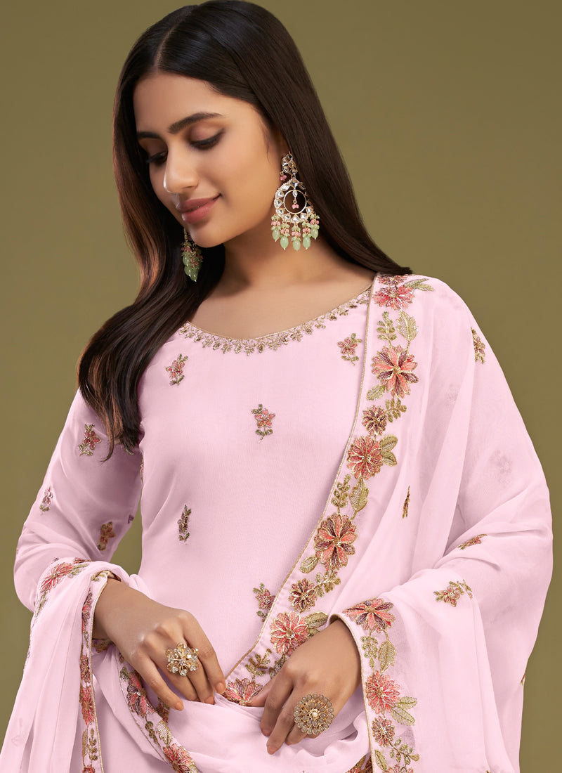Vegaa Fashion Pink Georgette Embroidery Designer Sharara Suit - Distacart