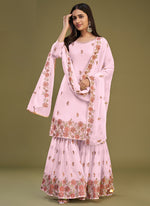 Thumbnail for Vegaa Fashion Pink Georgette Embroidery Designer Sharara Suit