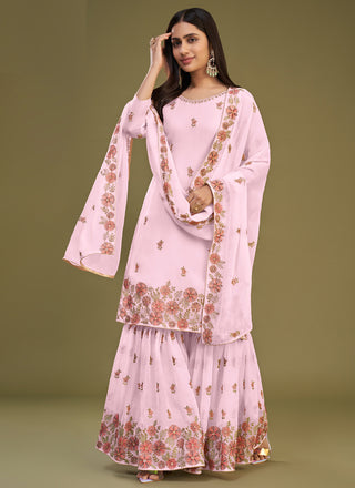 Vegaa Fashion Pink Georgette Embroidery Designer Sharara Suit