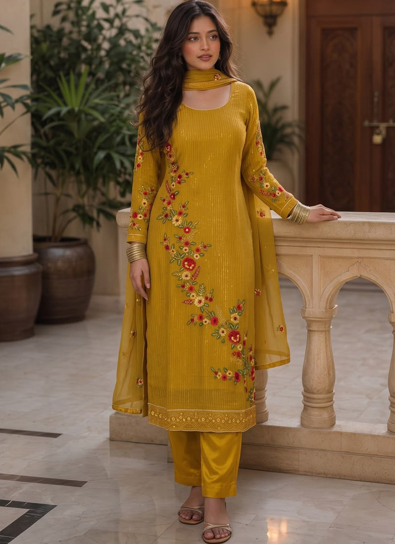 Vegaa Fashion Yellow Embroidered Georgette Straight suit - Dista